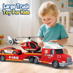Toddler Boys Toys, 3 4 5 Large Fire Truck Toys With Lights Sounds, Truck Car With Racing Car And Helicopter, Semi Vehicle Brithday For 3 4 5 6 7 Boys Girls