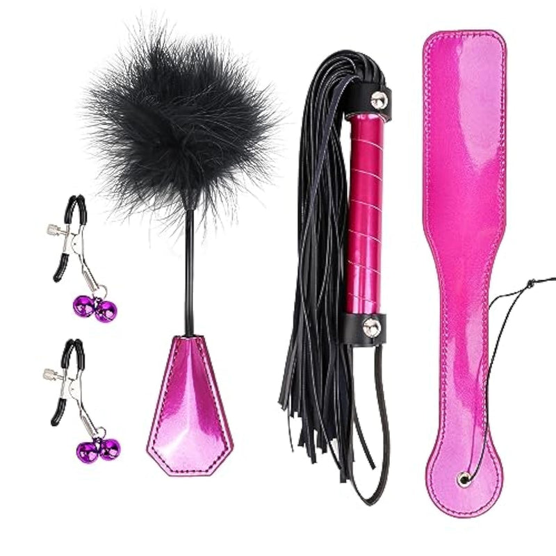 4Pcs Sm Bondage Set Sex Whip Adult Paddle Slap Leather Whip Flirting Feather Tickle And Bells Nipple Clamps For Adults Sex Games (Purple)