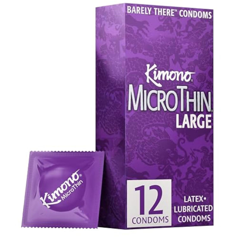 Kimono MicroThin Large Pack of 12 - Premium Lubricated Natural Latex Condoms, Ultra Thin, Larger Tip Condoms, Vegan-Friendly, No Latex Odor - Enhanced Sensitivity