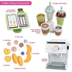 Pretend Coffee Shop Wooden Playset- Drive Thru Window Holiday Fun- Frappuccino, Straws, Espresso Maker, Bread, Pastries, Rotating Cash Register, Coffee Cups, Apron- 25+ Play Pieces Kids Xmas Gift