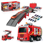 3In1 Fire Trucks Toys For Toddlers Ages 3-5, Carrier Toy Truck & Foldable Race Track, 12 Die Cast Cars Firetruck Toys For Toddlers 1-3 3-5 W/Light & Sound, Kids' Play Cars & Race Cars For Boys Girls