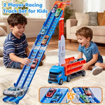 Race Track Truck Toys For 3 4 5 6 Years Old Kids - Carrier Truck Transport Car With 6 Die-Cast Cars Toys, 4-In-1 Truck With 2 Foldable Race Tracks, Christmas Birthday Gifts Toy For Toddler Boys, Blue
