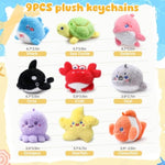 9Pcs Plush Ocean Stuffed Animals Keychain Under The Sea Party Favor Kids Bulk Toys Cute Fish Shark/Seal/Octopus Goodie Bag Stocking Stuffers Carnival Prize Boy Girl Christmas Birthday Gift