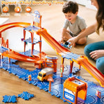 Puzzle Racer Kids Car Track Set, 4-Tier Race Tracks For Kids Ages 3-5 With 3 Cars, Traffic Parts, Trucks For Toddlers 2-4 Years, Floor Puzzle Tracks Car Gift For Boys Girls 3 4 5 Year Old
