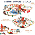 121Pcs Wooden Train Set With Storage Bag - Busy Port City Wooden Train Track Set Toy For Kids Ages 3+, Compatible With Major Brands, Great Birthday Railway Playset Gift For Boys & Girls