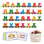 Wooden Alphabet Train Toy 27 Pcs Magnetic Alphabet Abc Letter Train Set Includes 42 Pcs Flash Cards, 1 Engine And 1 Storage Bag For Toddlers Kids Boys And Girls