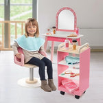 Pretend Hair Salon Wooden Play Set- Full Vanity Mirror with Chair & Rolling Cart- Playset Includes Blow Dryer, Brush, Styling, Cutting Tools- Girls Hair Dresser Stand, Stylist Fun, Xmas Gift for Kids