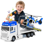 21.2 Inch Semi Police Truck Toy For 3 4 5 Years Old Boys - With Racing Car And Helicopter, Friction Powered Transport Truck Crane Vehicle With Lights And Sounds For Boy Christmas Birthday Gifts