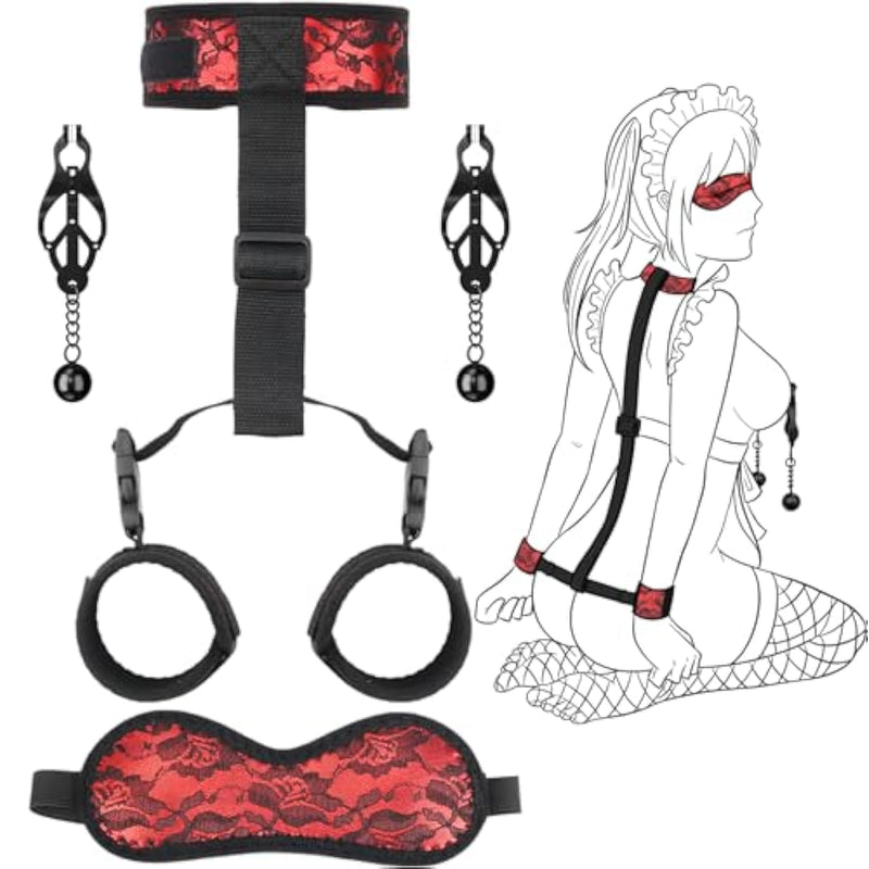Sex Bondage Bdsm Kit Adjustable Neck To Wrist Restraints Set Adult Sm Sex Toys Fetish Handcuffs Ceck Collar Sexy Blindfold Nipple Clamps Nipple Stimulation Couples Sm Sex Game Pleasure Tool