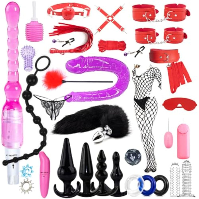 Boxifa Bdsm Restraints Sex Toys 32 Pcs Bondage Restraints Kits Crops Anal Plug Set Butt Plug Anal Plug Sex Toys Vibrator Anal Dildo Bdsm Toy Kit For Women And Men