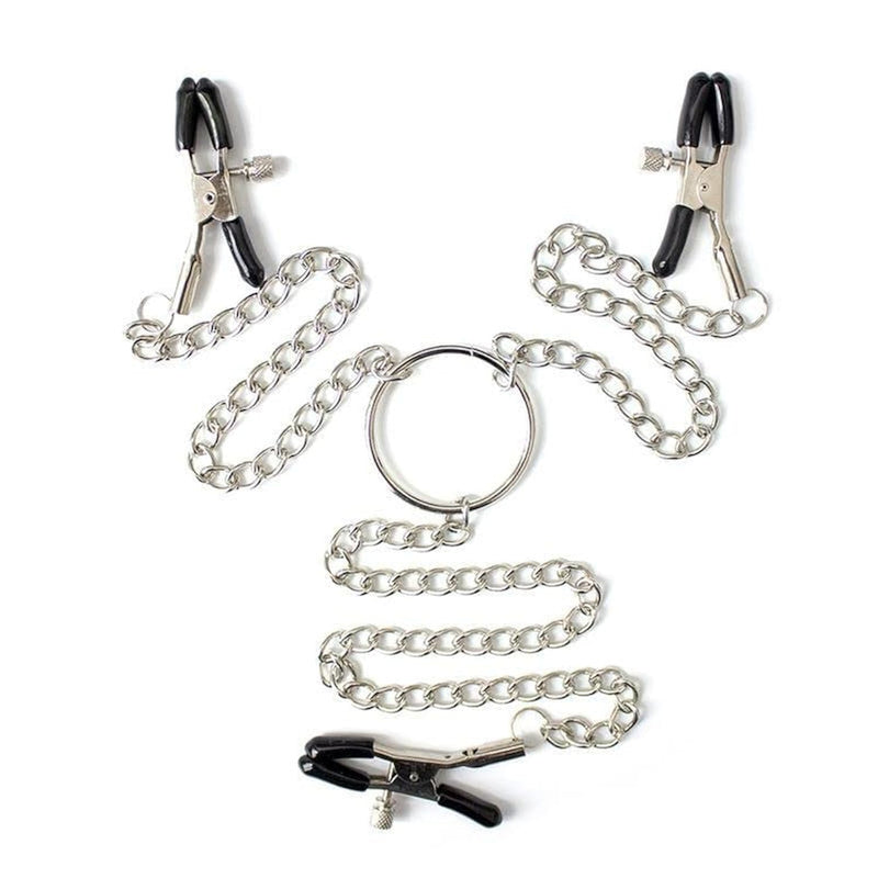 Adjustable Nipple And Clit Clamps With 3-Chain Ring Connector – Bdsm Alligator Style Barrel Bolt Clamps For Fetish Bondage Play – Stainless Steel Tri-Chain Restraint For Hardcore Sensation Play