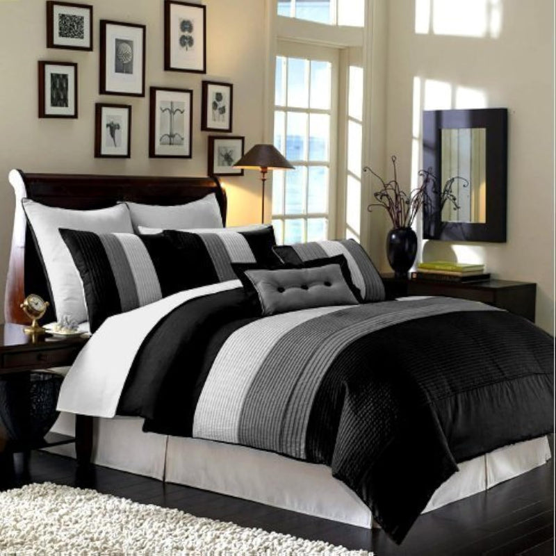 Loft 8-Piece Luxury Striped Comforter Set (Queen, Black/Gray/White)
