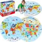 2 Sets World Puzzle United States Map Puzzle With Poster World And Us Geography Jumbo Round Floor Puzzles Jigsaw For Kids Ages 3-5 Educational Learning Toys Puzzles Christmas Birthday Gift 70 Pieces