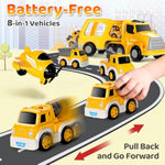 8 In 1 Fire Truck Toy Cars For Kids, Carrier Truck For 3 4 5 6 Years Old Boys Girls Toddlers, Pull Back Cars Set With Music & Light, Birthday Presents For Kids, (Yellow)
