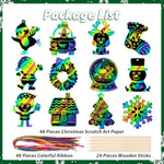 48 Pcs Christmas Rainbow Scratch Art Ornaments with Wooden Sticks for Kids