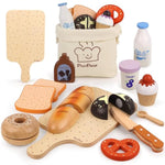 Wooden Bakery Toy Food Playset For Kids Kitchen, 22 Pcs Play Food Kitchen Toys For Toddler 3+, Play Kitchen Accessories With Shopping Bag, Cutting Food Toys Gift For Boys And Girls