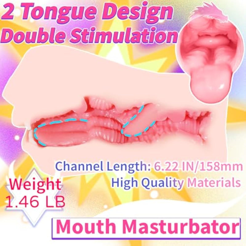 Male Masturbator Two Tongue 6.22 In Mouth-Shaped Mens Sex Toy Realistic Pocket Pussy Deep Throat Oral Men'S Pocket Stroker Toy (Flesh)