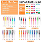 Gel Pens for Coloring Books, 36 Vibrant Colors Glitter Pens with 40% More Ink