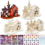 4 Set 3D Wooden Haunted House Craft Kit with Paints, Brushes & Stickers