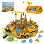Sand Construction Kit,Sandbox,2.2Lbs Magic Sand W/4 Take Apart Construction Trucks,Tower Crane,8 Sand Molds,4 Worker Figures,4 Road Signs,Toys For Boys Girls Age 4-8 Yellow,Brown