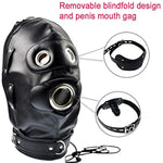 Leather Bondage Gimp Mask Hood, Full Face Blindfold Mask Hood Lockable & Dildo Penis Mouth Gag Breathable Restraint Head Hood, For Unisex Adults Couples, Bdsm/Lgbt Fetish Hood Black
