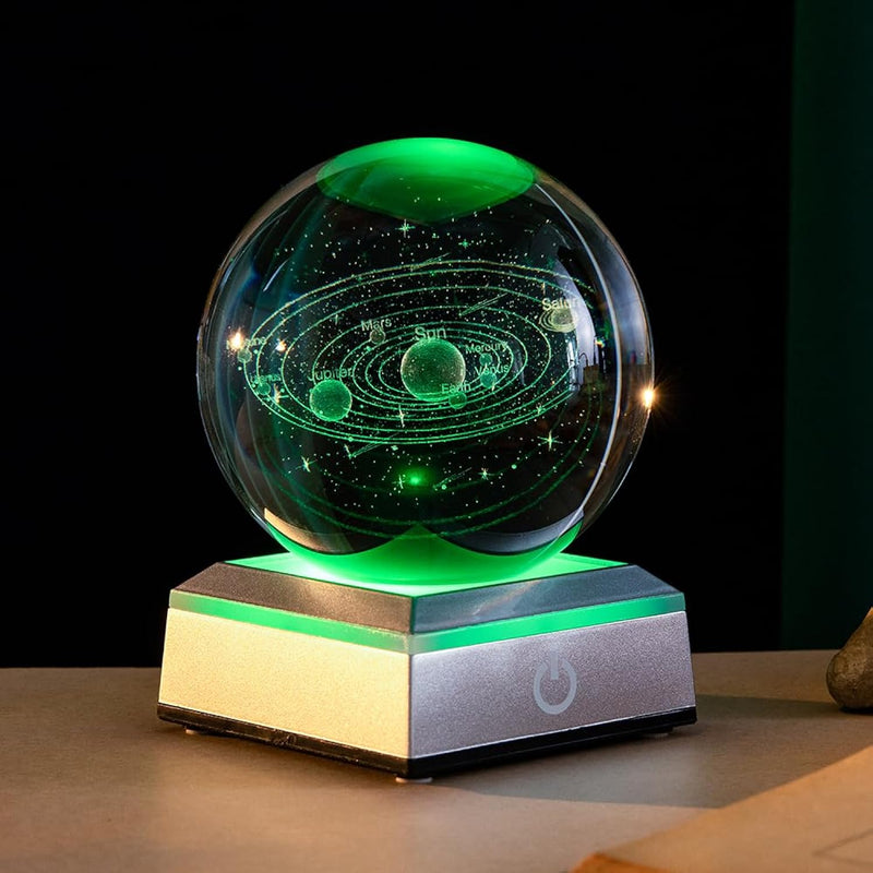 3D Solar System Crystal Ball With Laser Engraved Planets And Led Light Base