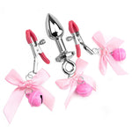 Couple Stainless Steel Anal Trainer - Jewel Butt Plug, Small Bell Nipple Clip, Pink