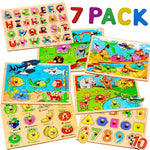 7 Pack Wooden Puzzles For Toddlers 2 3 4 5 Years Old - 7 Colorful Chunky Wood Peg Puzzles For Kids Ages 2-5, Alphabet Shape Numbers Fruits Sea Animals Dinosaur Zoo - Educational Toddler Learning Toys