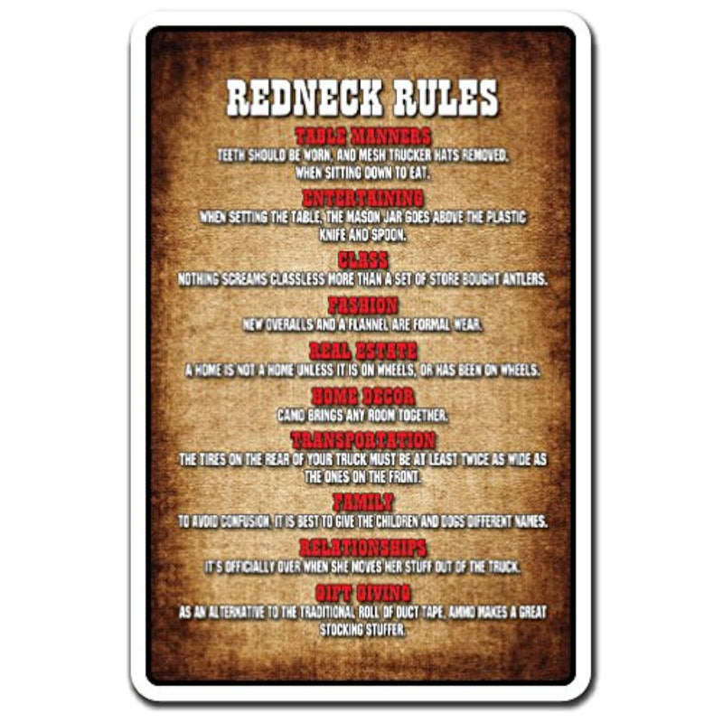 , 8" X 12" Plastic Sign, Redneck Rules