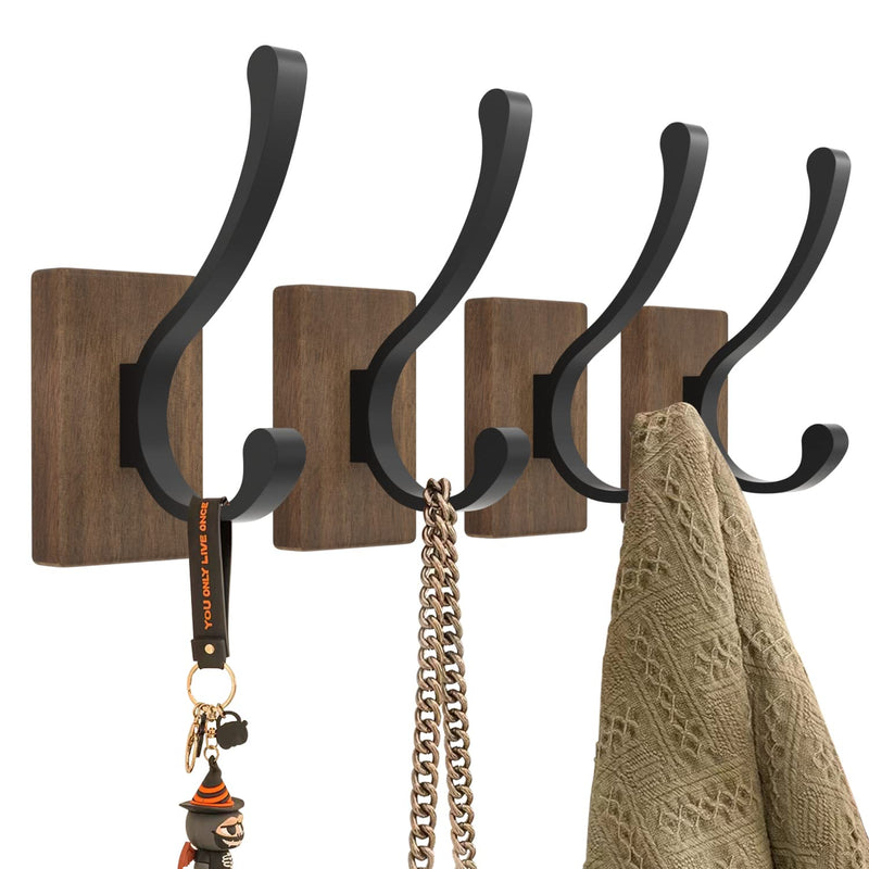 Wood Wall Hooks For Hanging - 4 Pack Hooks Wall Mounted, Wooden Rustic Farmhouse