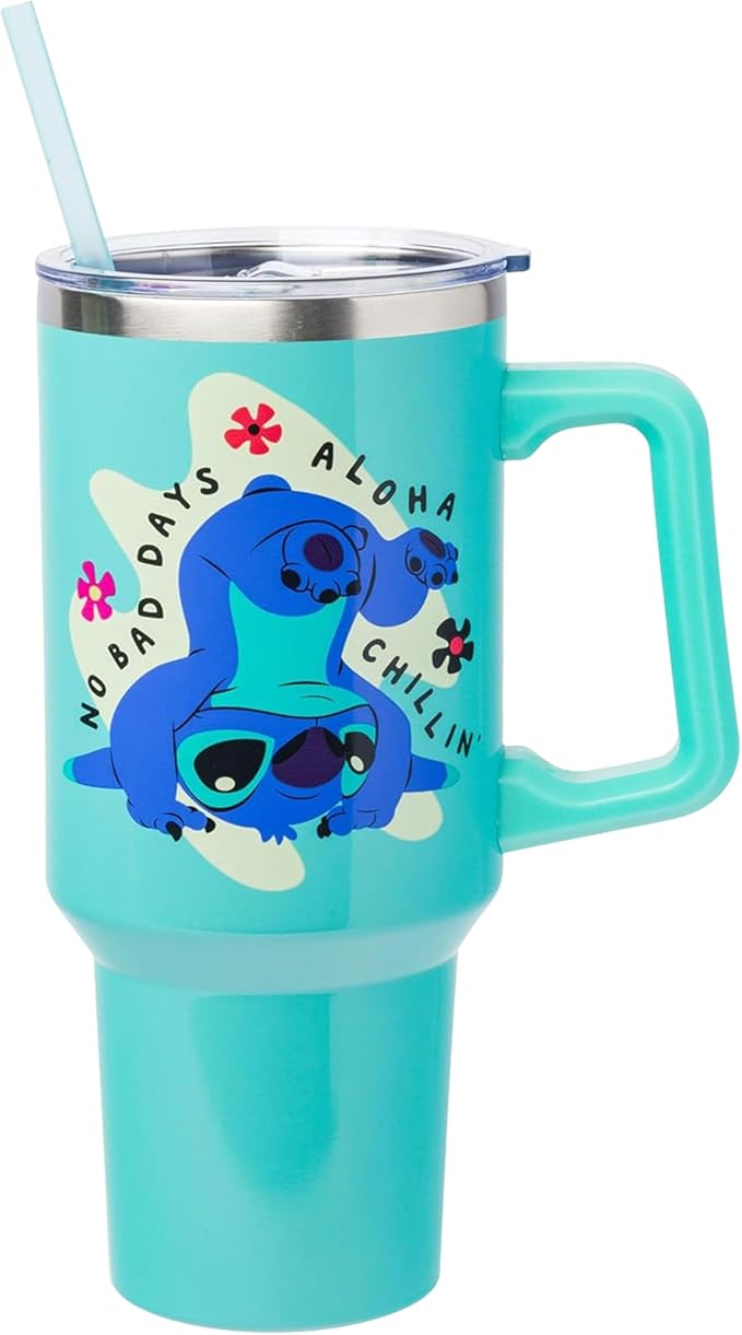 Disney Lilo and Stitch Aloha No Bad Days Chillin’ Stainless Steel Tumbler with Handle and Straw, Fits in Standard Cup Holder, 40 Ounces