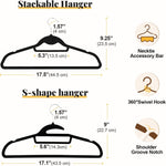 Black Velvet Hangers 50 Pack, S-Shaped and Stackable Non Slip Felt Hanger with 360ยฐSwivel Hook, Ultra Thin and Space Saving Flocked Hangers for Suits, Shirts, Coats, 15Lbs Capacity Heavy Duty