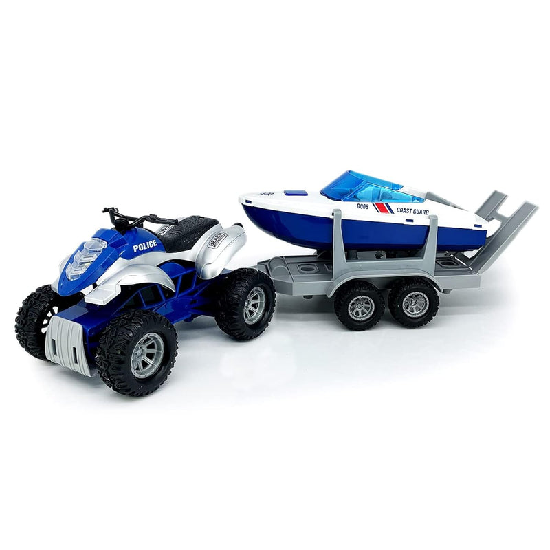 Large Atv Toy With Trailer Speedboat Tow Truck Flatbed Transport Police Motorc