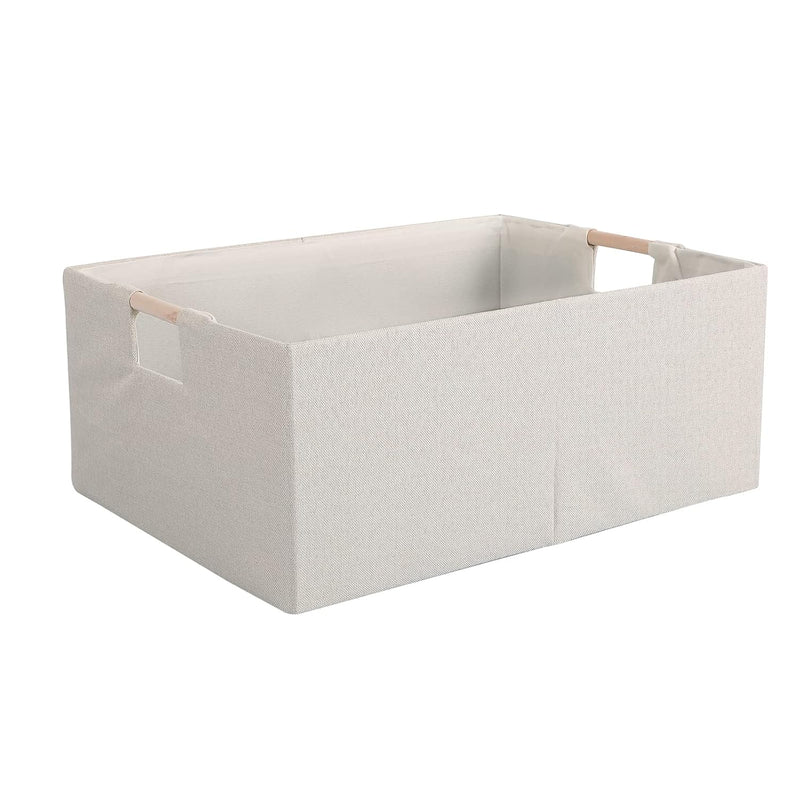 Fabric Storage Bin Box Foldable Cotton Linen Storage Basket With Wooden Handles