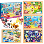 Wooden Puzzles for Kids, 12 Piece Vehicle, Farm, Space, and Ocean Themes