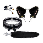 Costume Accessory Set - Plush Cat Ears, Choker, Nipple Clips, Anal Plug, Fur Tail, 4 Pcs