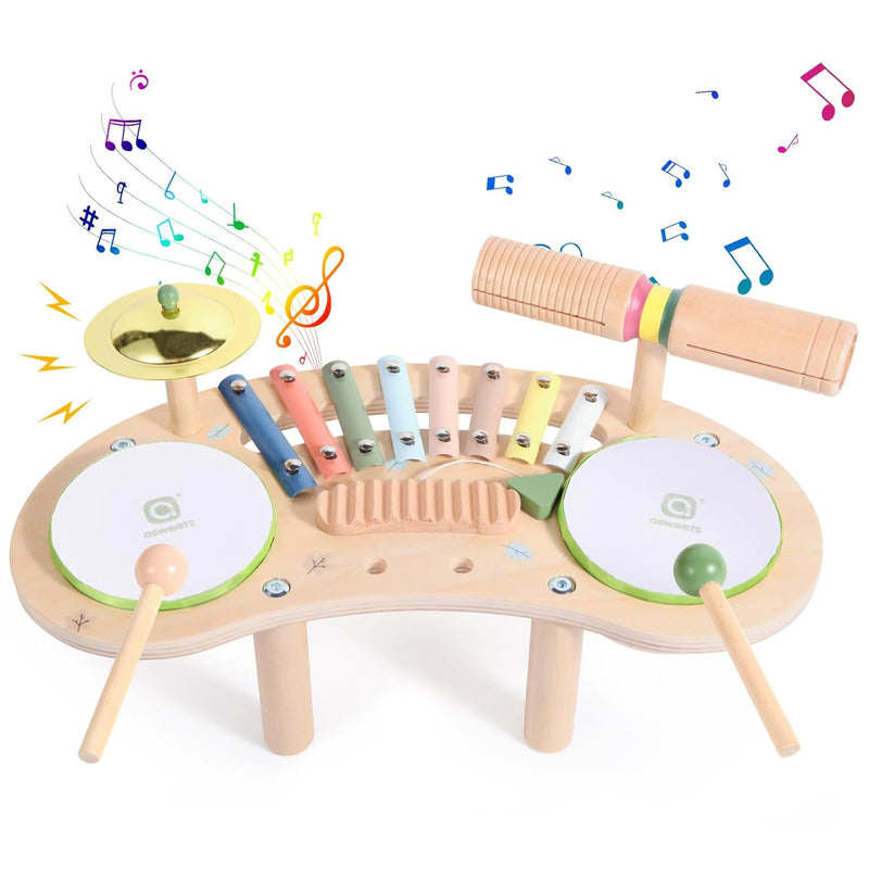 7 In 1 Kids Drum Set For Toddlers Wooden Xylophone Musical Instruments Kit