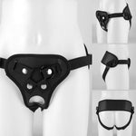 Adjustable Strap-On Dildo Harness - Double Hole, Leather, Soft Ring Belt, for Male and Female, Black
