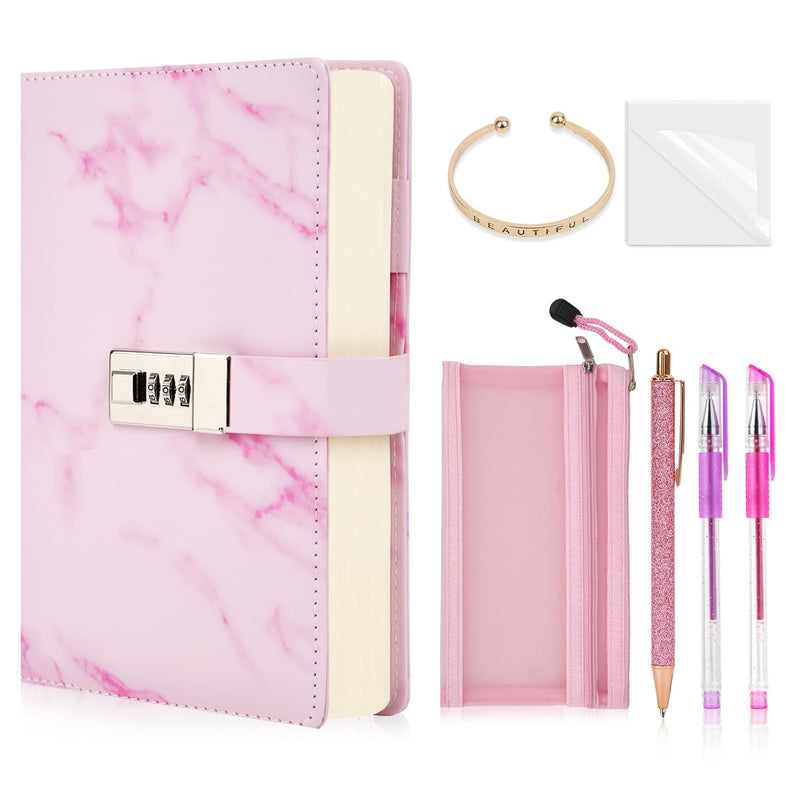 Diary With Lock Gift Set For Girls Ages 8 12, Marble Pu Leather 300 Pages K