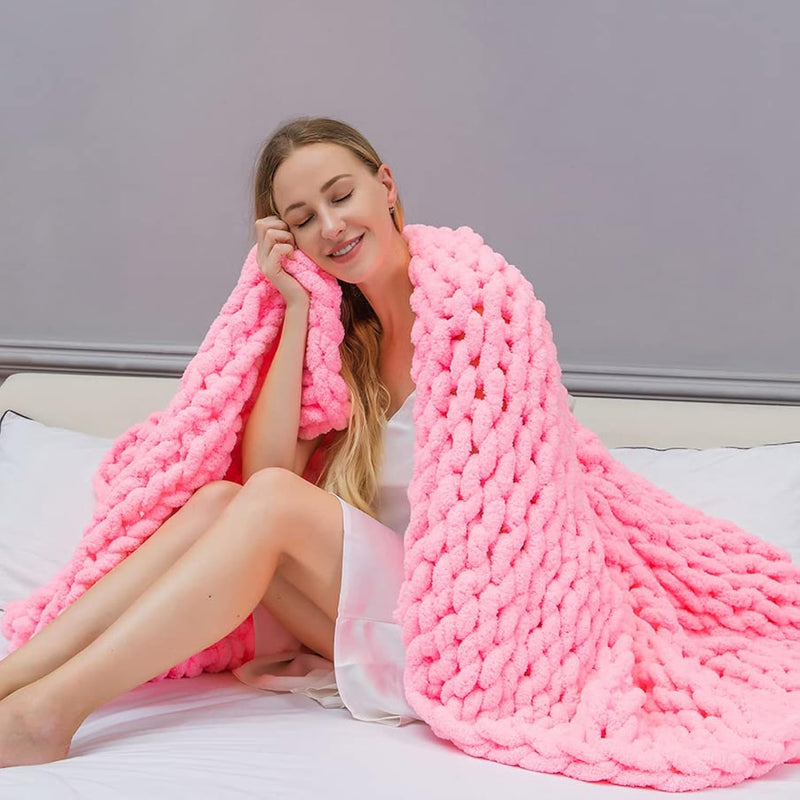 Chunky Knit Blanket Throw Chenille Cable Knitting Home Decor (Pink 40X40 In)