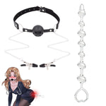 3 Pcs Mouth Ball Gag With Nipple Clamps & Anal Plugs Beads Sex Bdsm Set, Adjustable Leather Straps Bondage Restraints Sex Toys For Women Men Adult Couples Sm Games