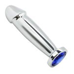 Phallic Metal Dildo Plug - Realistic Penetration Feel - Jeweled Base - DP & Threesome Fantasies - Temperature Play - Compact Size - Easy to Clean & Store