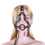 Ring Gag with Head Harness Restraint Leather Mask Fetish Mouth Gags Bondage Toys for Couple Adult BDSM Sex Products (Ring diameter:1.5 inch, Black)