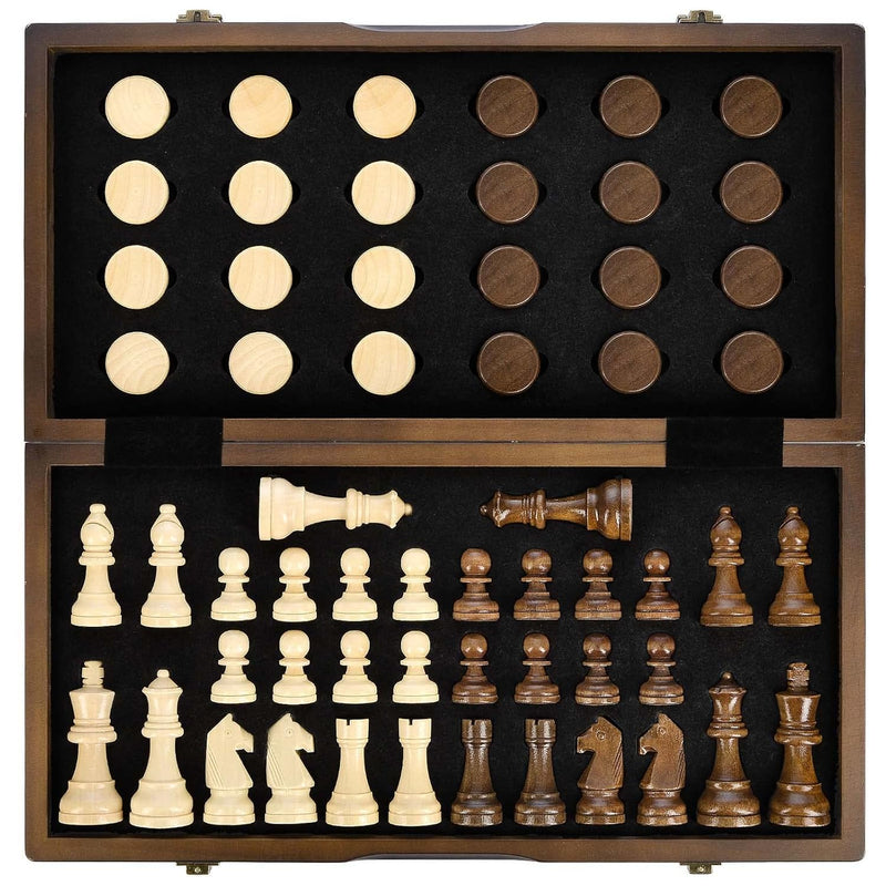 AMEROUS Magnetic Wooden Chess and Checkers Game Set, 15 Inches (2 in 1) Che