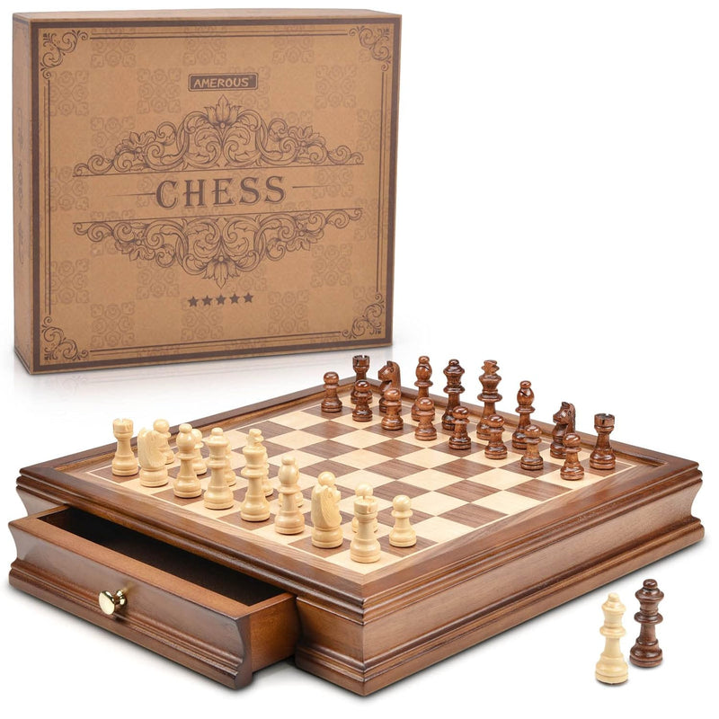 AMEROUS 12.8" x 12.8" Magnetic Wooden Chess Set with 2 Built-in Storage Dra