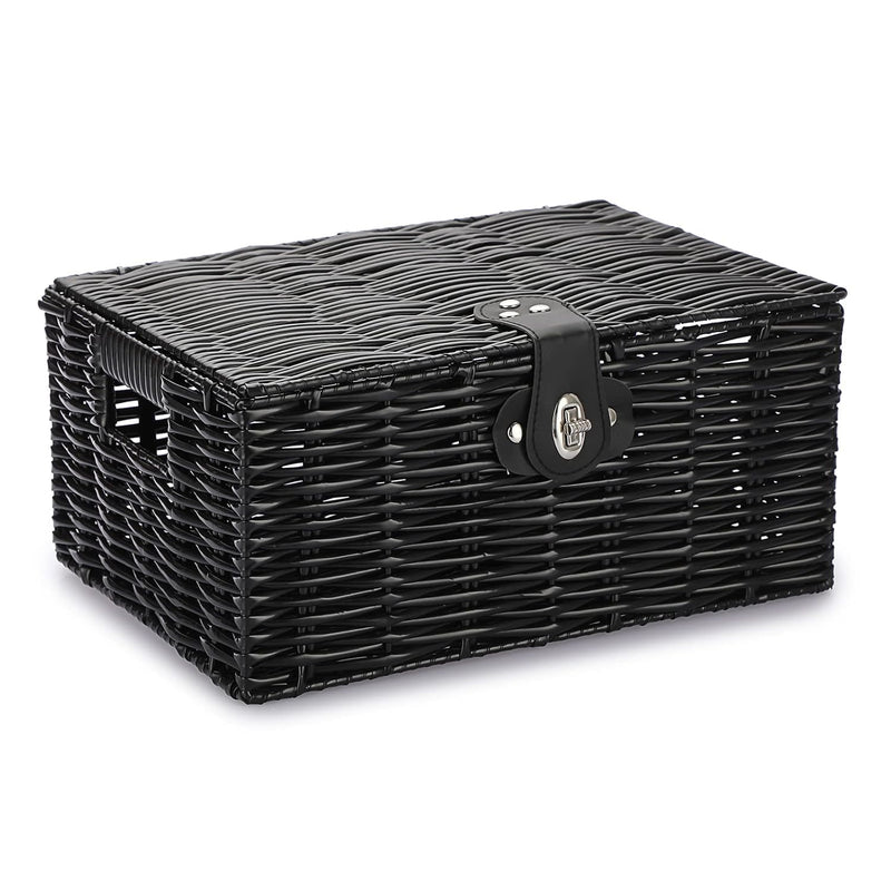 Black Storage Basket With Lid & Lock Plastic Woven Organizer Bins Built-In Carry