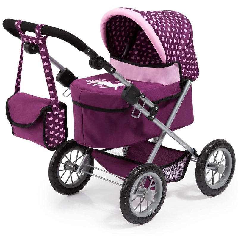 Bayer Design Dolls: Trendy Pram - Burgundy, Pink, Hearts - Includes Shoulde