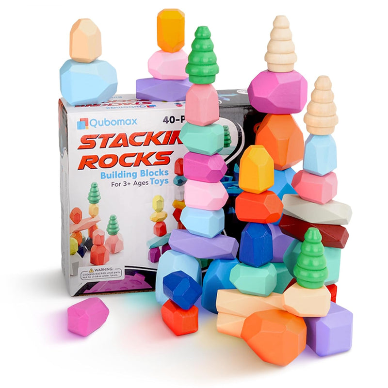40 Pcs Wooden Stacking Rocks Set Stacking Blocks For Ages 3 9 Develops Moto