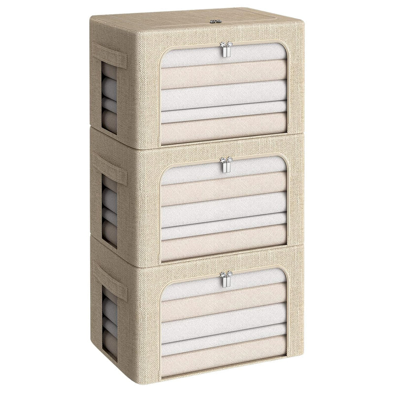 3Pack Foldable Storage Bins - Frame Storage Box Linen Fabric Stackable Clothes C
