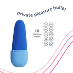 Private Pleasure Bullet Vibrator, Made Of Body-Safe Silicone, Quiet Mode, 10 Settings, Rechargeable & Waterproof, Hygiene & Privacy Cover, Blue